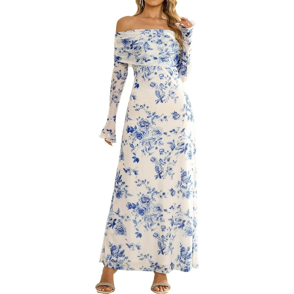 Sexy KUTUMAI Women's Off Shoulder Bodycon Maxi Dress XL Blue Floral Long Sleeve